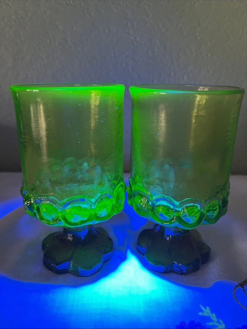 Pair of vintage Tiffin Franciscan Madeira water goblets, Citron Olive, UV glow